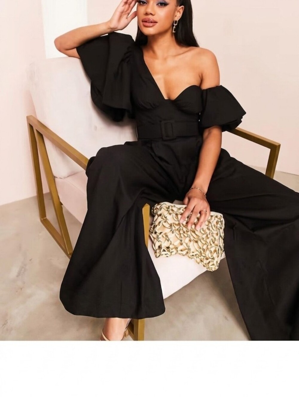 Luxe Black One-Shoulder Belted Wide-Leg Jumpsuit